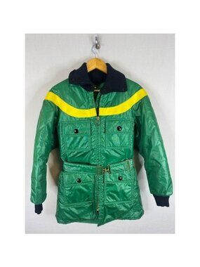 Vintage John Deere Fashionaire Green Snowmobile Jacket Belted Hooded Women Small